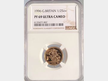 1996 ELIZABETH II GOLD PROOF HALF SOVEREIGN PF69 UCAM