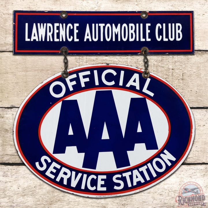 Nice Lawrence Automobile Club Triple AAA Official Service Station Double Sided Porcelain Sign