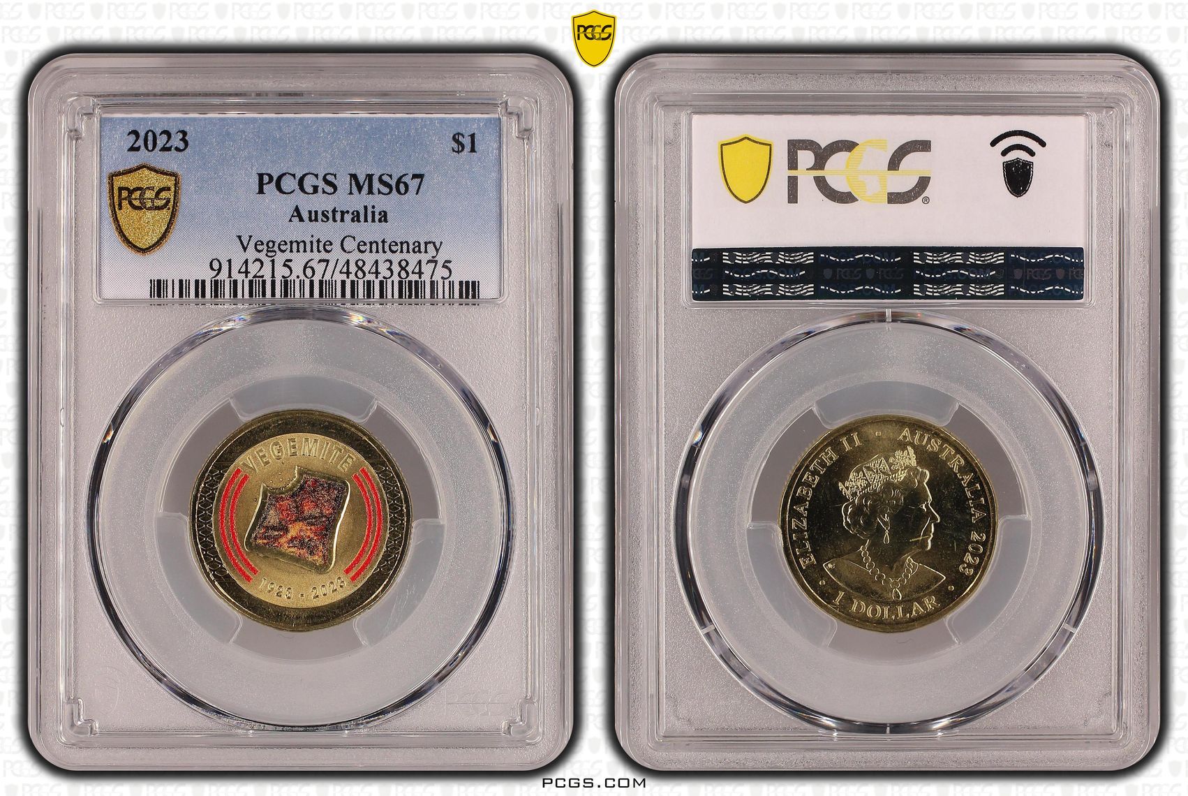 Vegemite Centenary Colourised, One Dollar, 2023, PCGS MS67