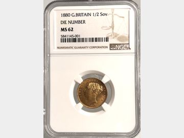 1880 VICTORA YOUNG HEAD #DIE 115 SHIELD GOLD HALF SOVEREIGN MS62
