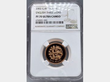 2002 ELIZABETH II 'ENGLISH THREE LIONS' GOLD PROOF ONE POUND PF70 UCAM TOP POP!