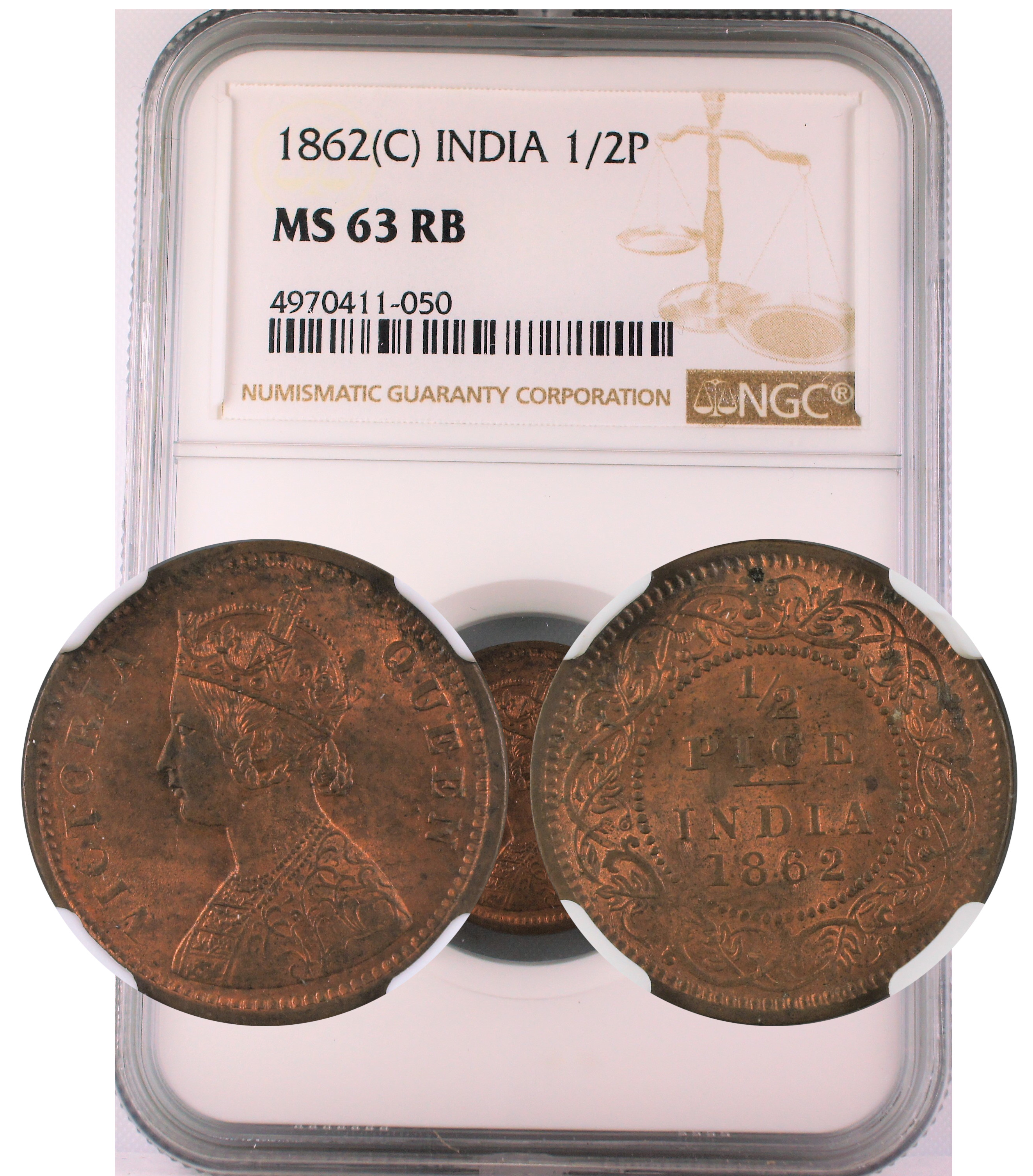 1862 C INDIA 1/2 PICE MS63 RB