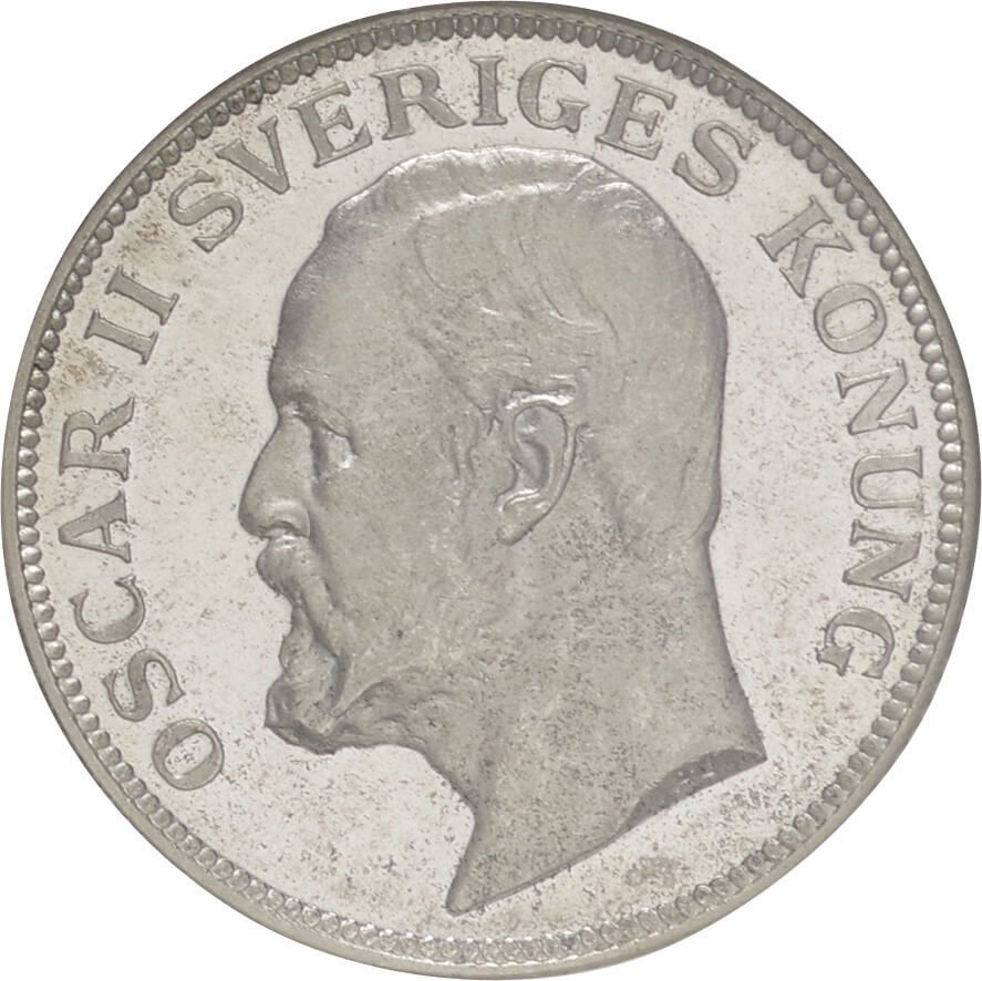 スウェーデン；オスカルII世、1907年2クローナー中型銀貨、希少品