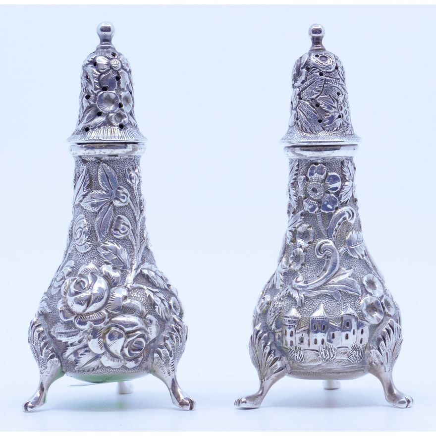 Pair Antique Sterling Repousse Shakers 4.5'' - 138 Grams TW