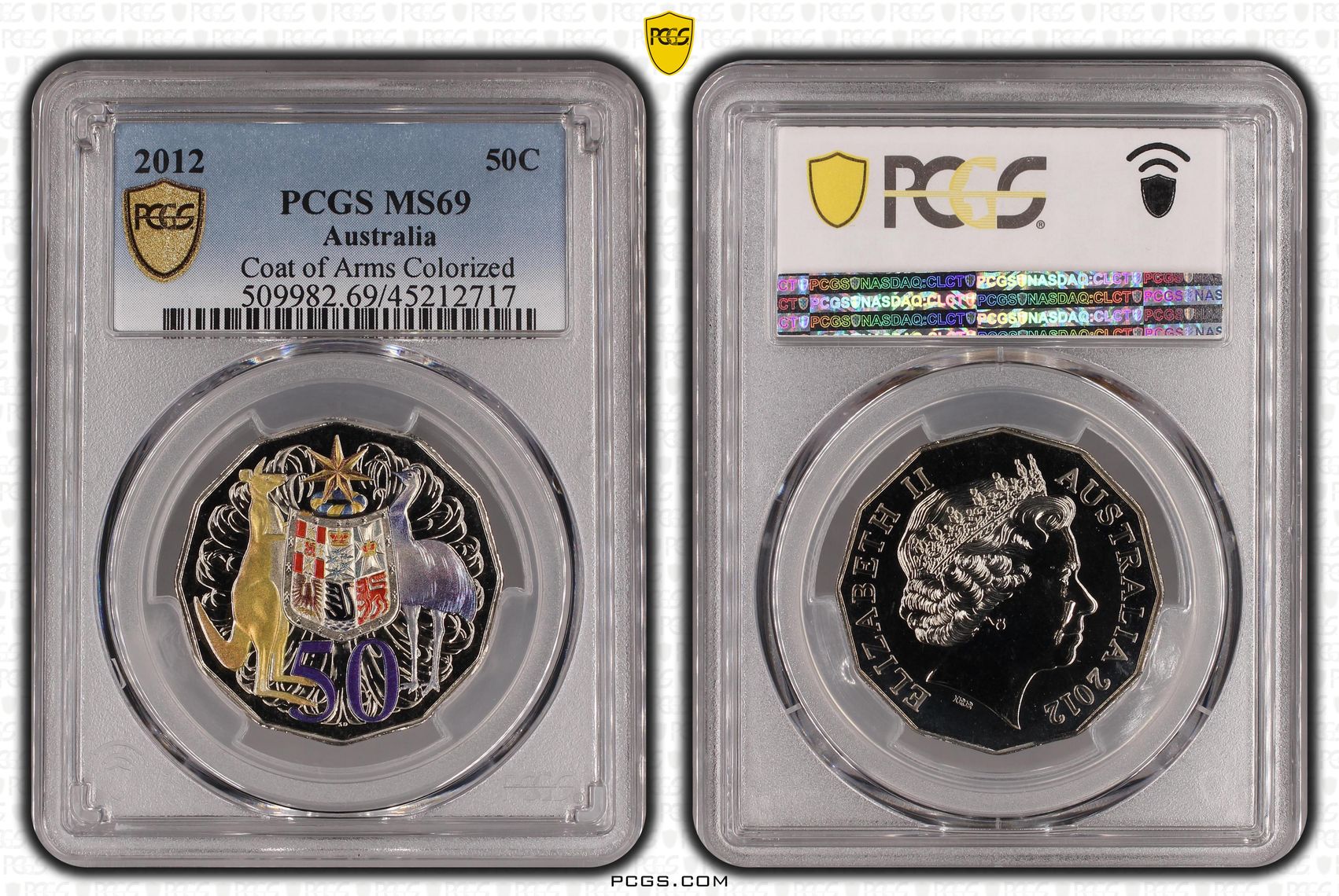 Elizabeth II, Coat of Arms Colorized, Fifty Cent, 2012, PCGS MS 69