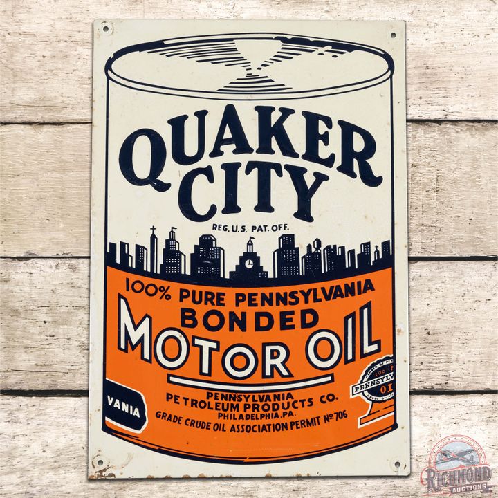 Quaker City Motor Oil Embossed SST Sign w/ Quart Can