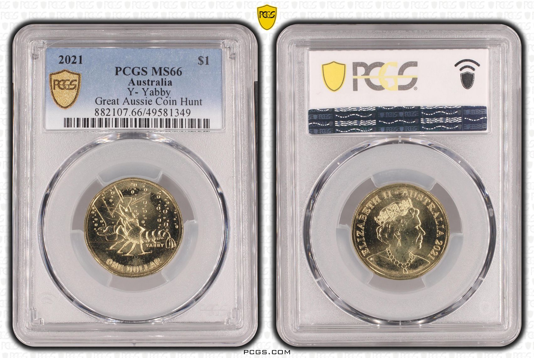 477 · Elizabeth II, Y- Yabby Great Aussie Coin Hunt , One Dollar, 2021, PCGS MS66