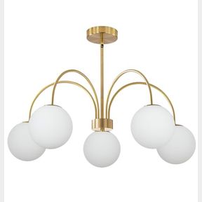 BOKT MID CENTURY MODERN GOLD CHANDELIER LARGE 5 LIGHT WHITE GLOBE SPUTNIK CHANDELIER HEIGHT ADJUSTABLE MILK GLASS HANGING PENDANT