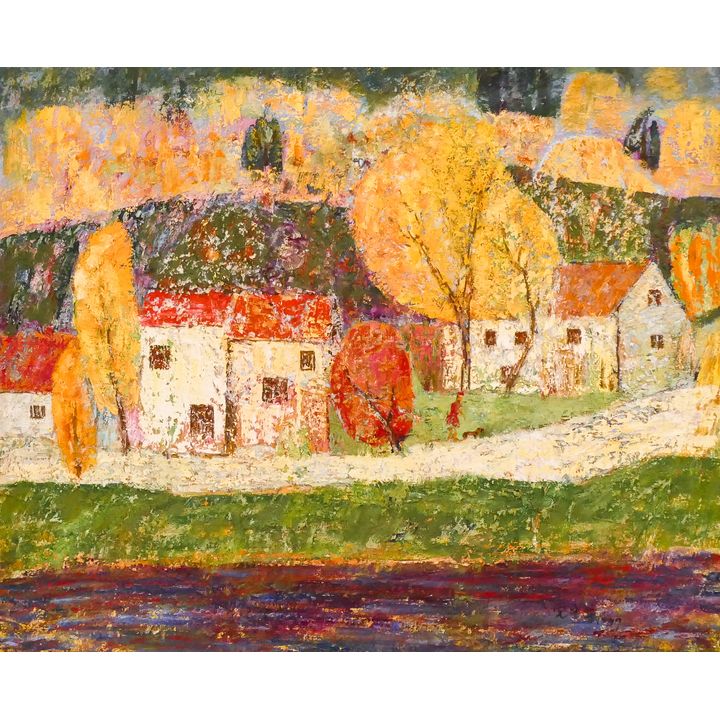 Dang Zhonghua (b.1953 Chinese) ''Houses by the River'' 1997 Oil on Canvas Framed 31x37''