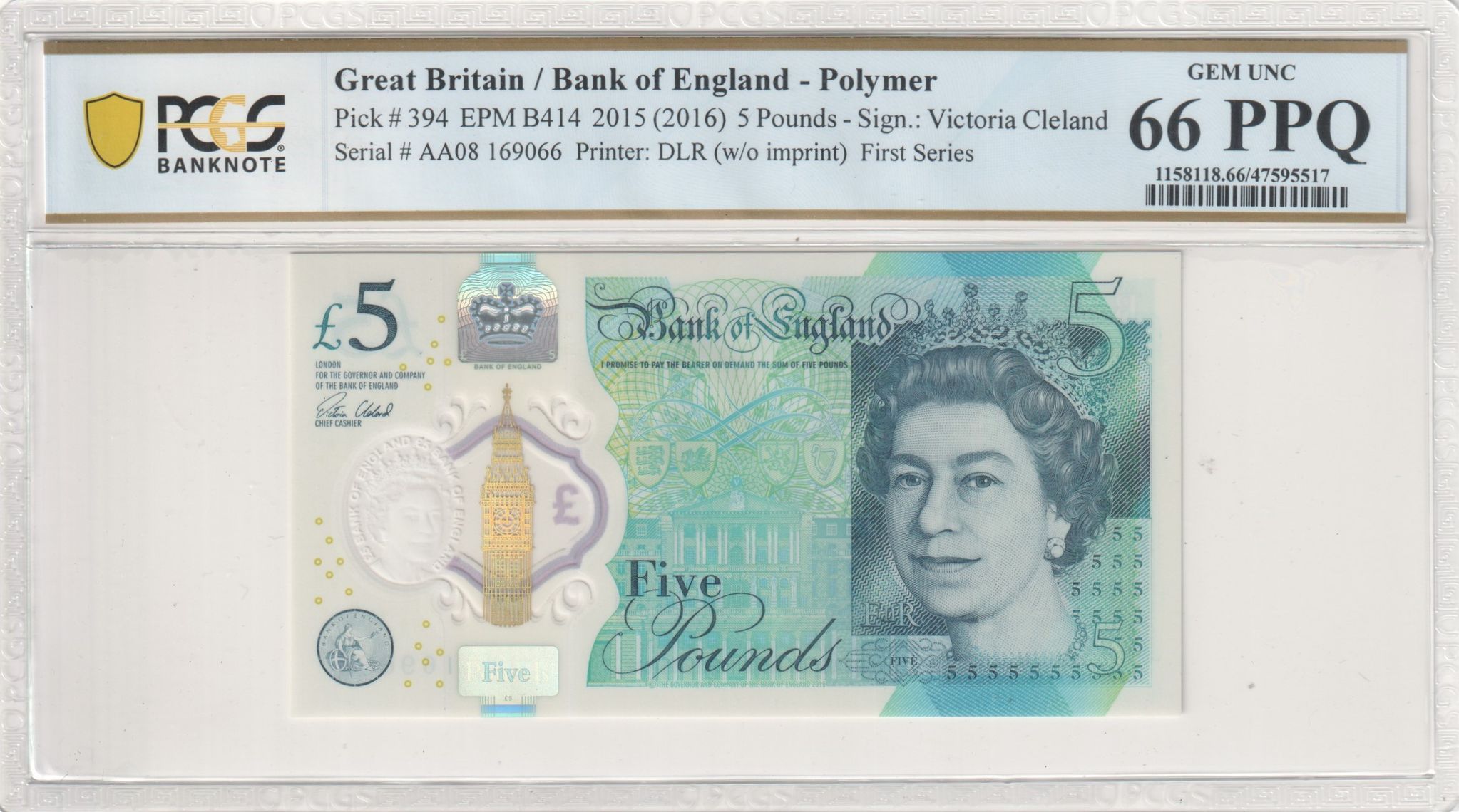 Great Britain, Polymer, DLR (w/o imprint), Victoria Cleland, First Series, Five Pound, 2015 (2016), PCGS Gem UNC 66 PPQ