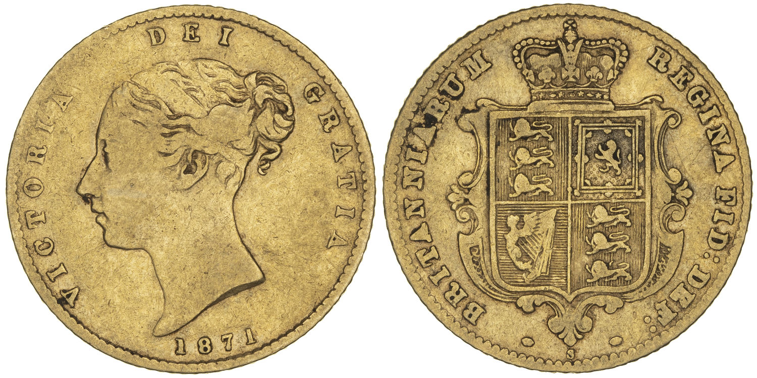 Victoria, Shield Reverse, Half Sovereign, 1871-S, aFine