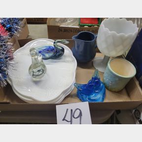 Hand made glass birds, milk glass plates, other