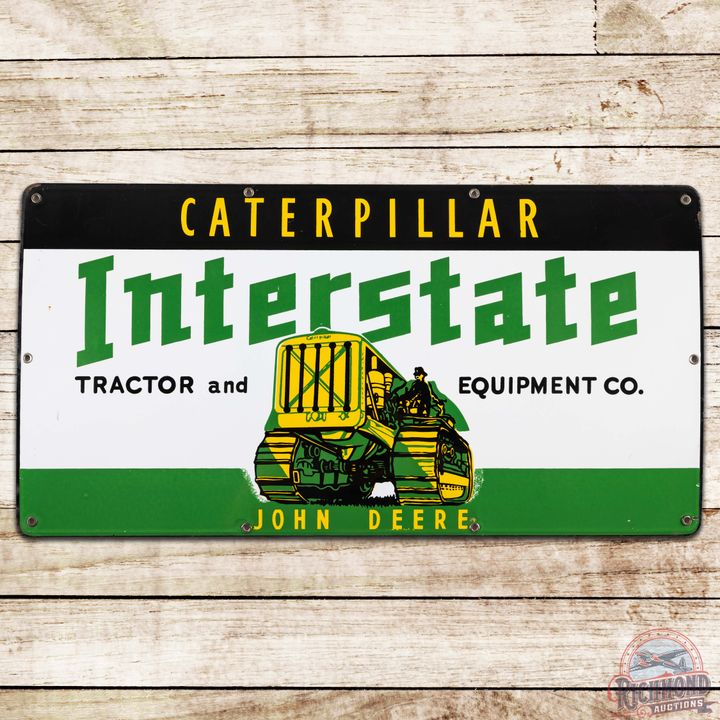 Scarce Caterpillar Interstate John Deere Tractor and Equipment Co Porcelain Sign w/ Crawler Tractor