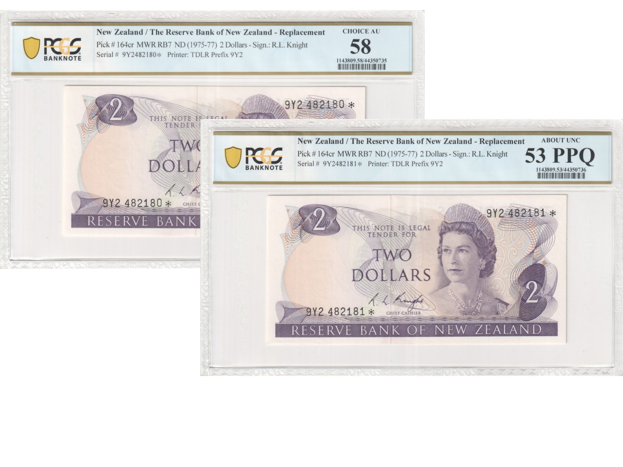 2 · New Zealand, Elizabeth II, Reserve Bank, Consecutive Pair, Star Notes, PCGS AU53-AU58, Two Dollar, 1975-77, PCGS