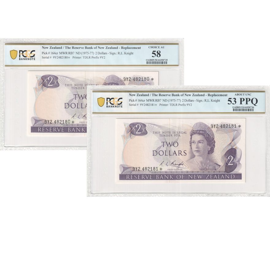 New Zealand, Elizabeth II, Reserve Bank, Consecutive Pair, Star Notes, PCGS AU53-AU58, Two Dollar, 1975-77, PCGS