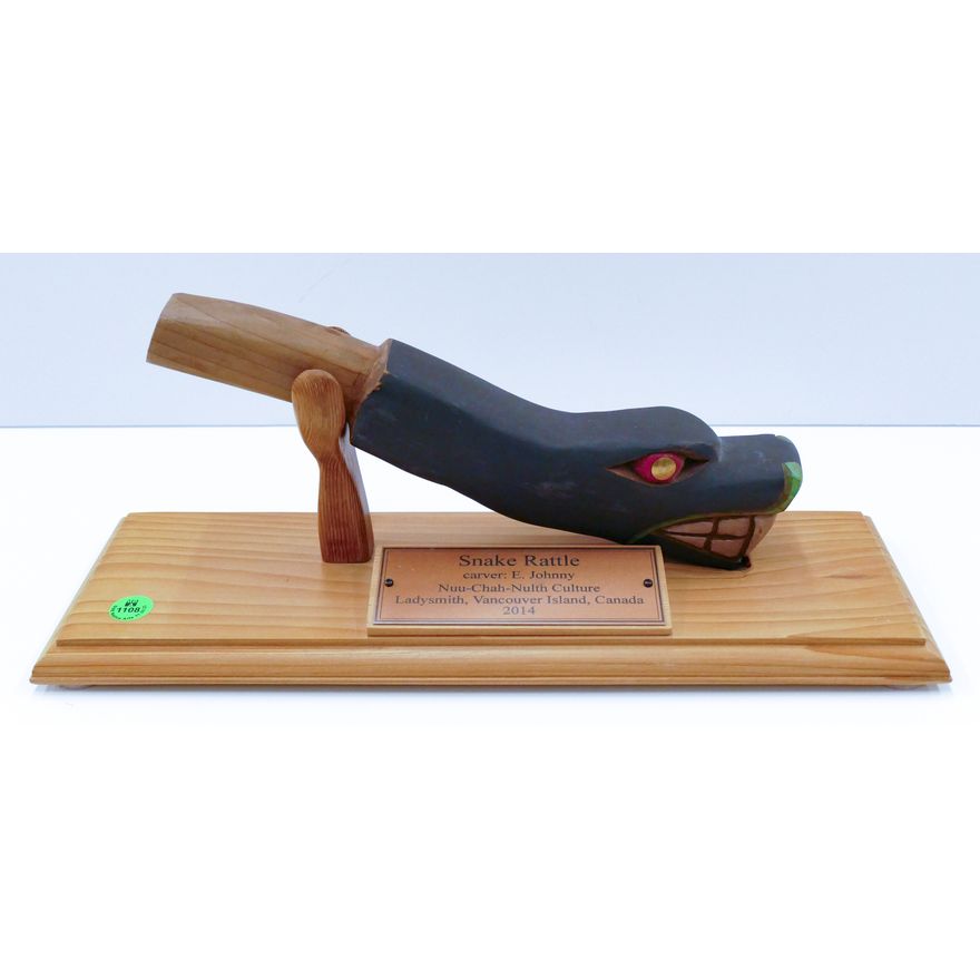 E. Johnny (Nuu-chah-nulth) ''Snake Rattle'' 2014 Carved Cedar on Stand