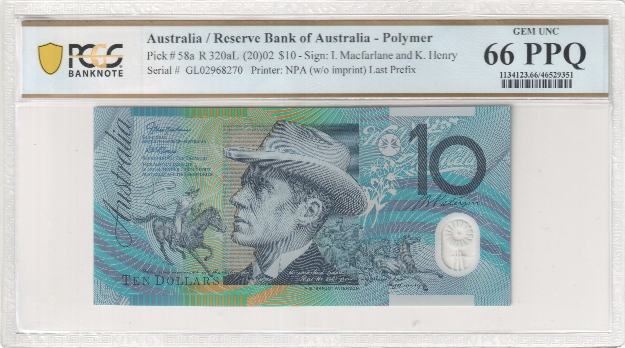 Macfarlane/Henry, Last Prefix, Ten Dollar, 2002, PCGS Gem UNC 66 PPQ