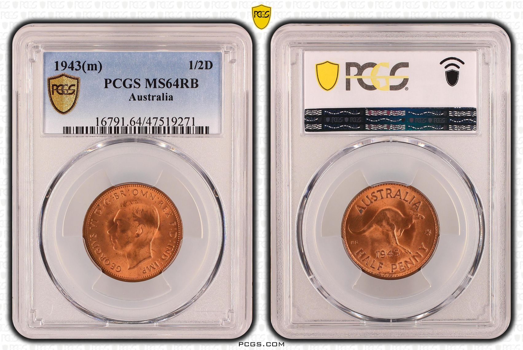 Halfpenny, 1943(m), PCGS MS 64RB