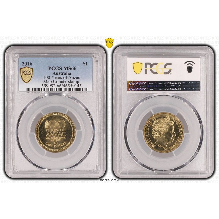 100 Years of Anzac, Map Counterstamp, One Dollar, 2016, PCGS MS66