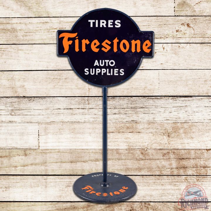 Firestone Tires Auto Supplies Double Sided Porcelain Curb Sign w/ Base
