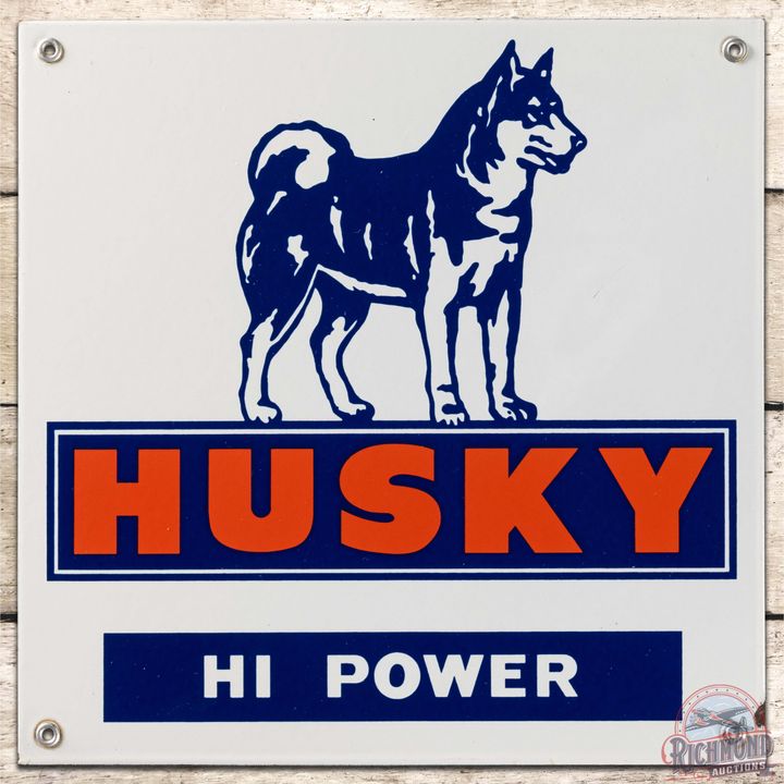 Husky Hi Power Gasoline SS Porcelain Pump Plate Sign w/ Dog