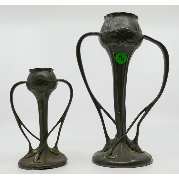 2pc Liberty & Co. Art Nouveau Pewter Handled Vases 6'' and 10''