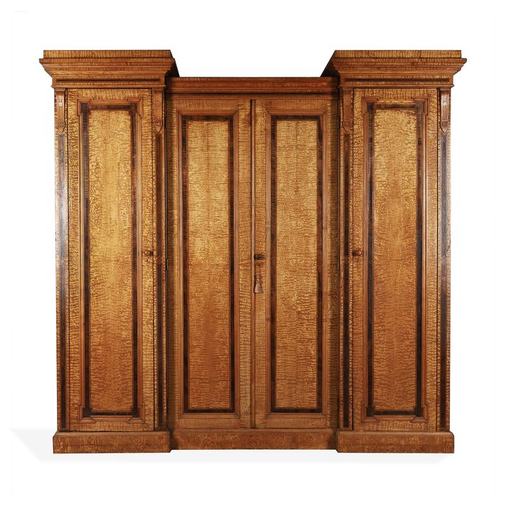 A mid Victorian Hungarian ash, ebony and tulipwood banded wardrobe by Lamb of Manchester