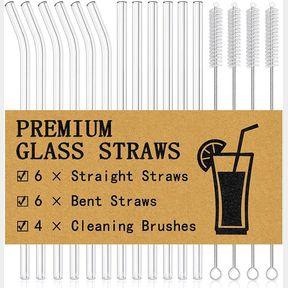 Piteno 16-Pack Reusable Glass 8.5''x10MM, Set of 6 Straight and 6 Bent with 4 Cleaning Brushes, Perfect for Smoothies