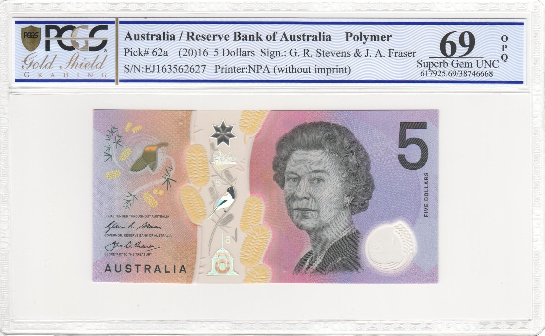 2016 Australia $5 Banknote Stevens/Fraser Last Prefix Superb Gem UNC 69 PPQ PCGS - Matching Serial with 746