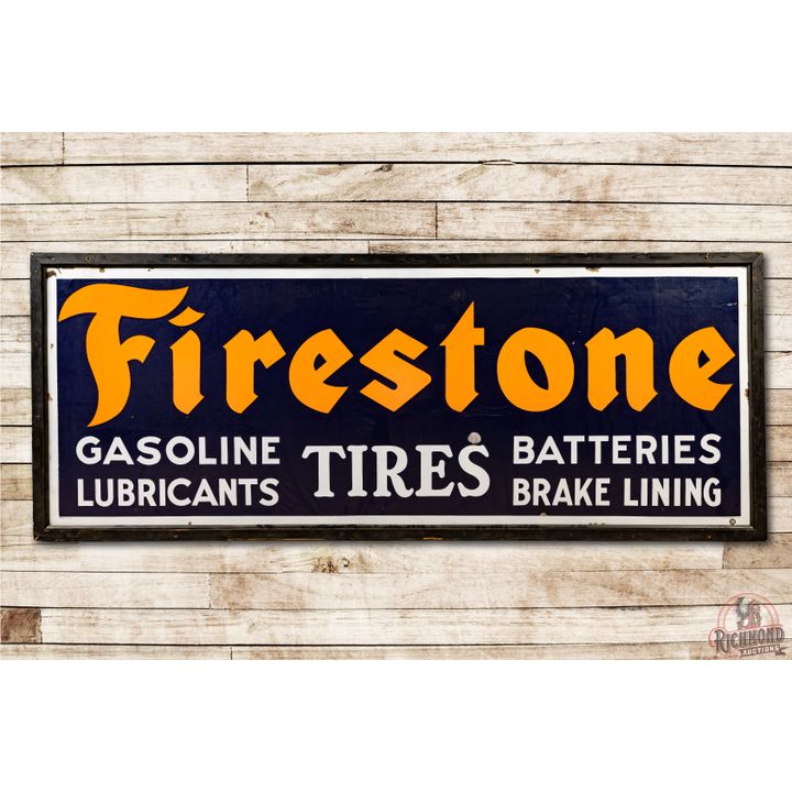 Firestone Tires Gasoline Lubricants Batteries Brake Linings Single Sided Porcelain Sign TAC 8.5