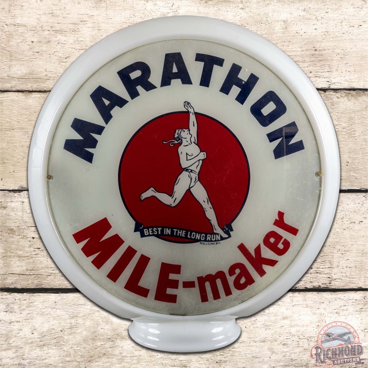 Complete 13.5" Marathon Mile-Maker w/ Running Man Gas Pump Globe & Narrow Milk Glass Body