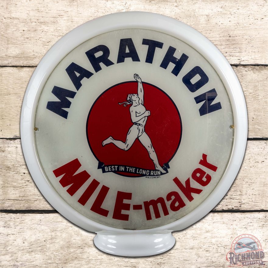 Complete 13.5" Marathon Mile-Maker w/ Running Man Gas Pump Globe & Narrow Milk Glass Body