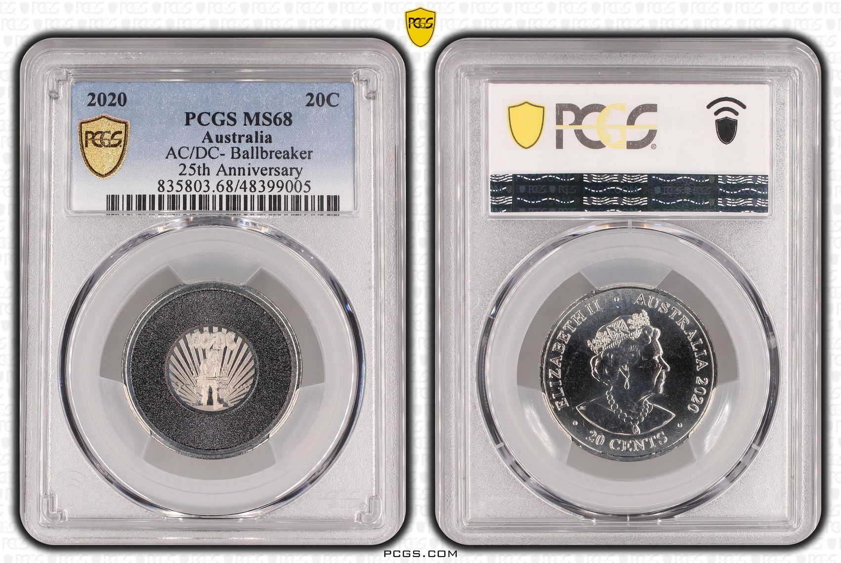 151 · Elizabeth II, AC/DC- Ballbreaker 25th Anniversary , Twenty Cent, 2020, PCGS MS68