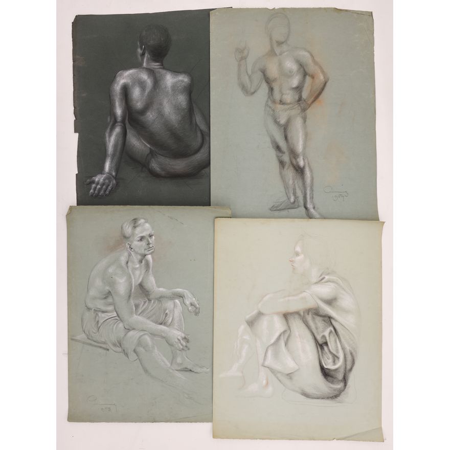 4pc William Cumming 1950's Figure Drawings Conte Crayon on Green Paper