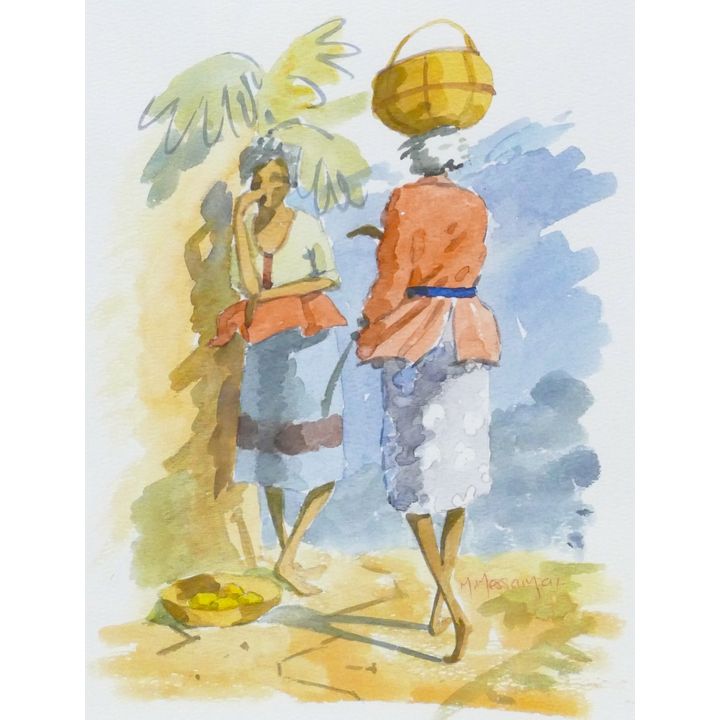 M. Messamai ''Native Women'' Watercolor Framed 17''x15''