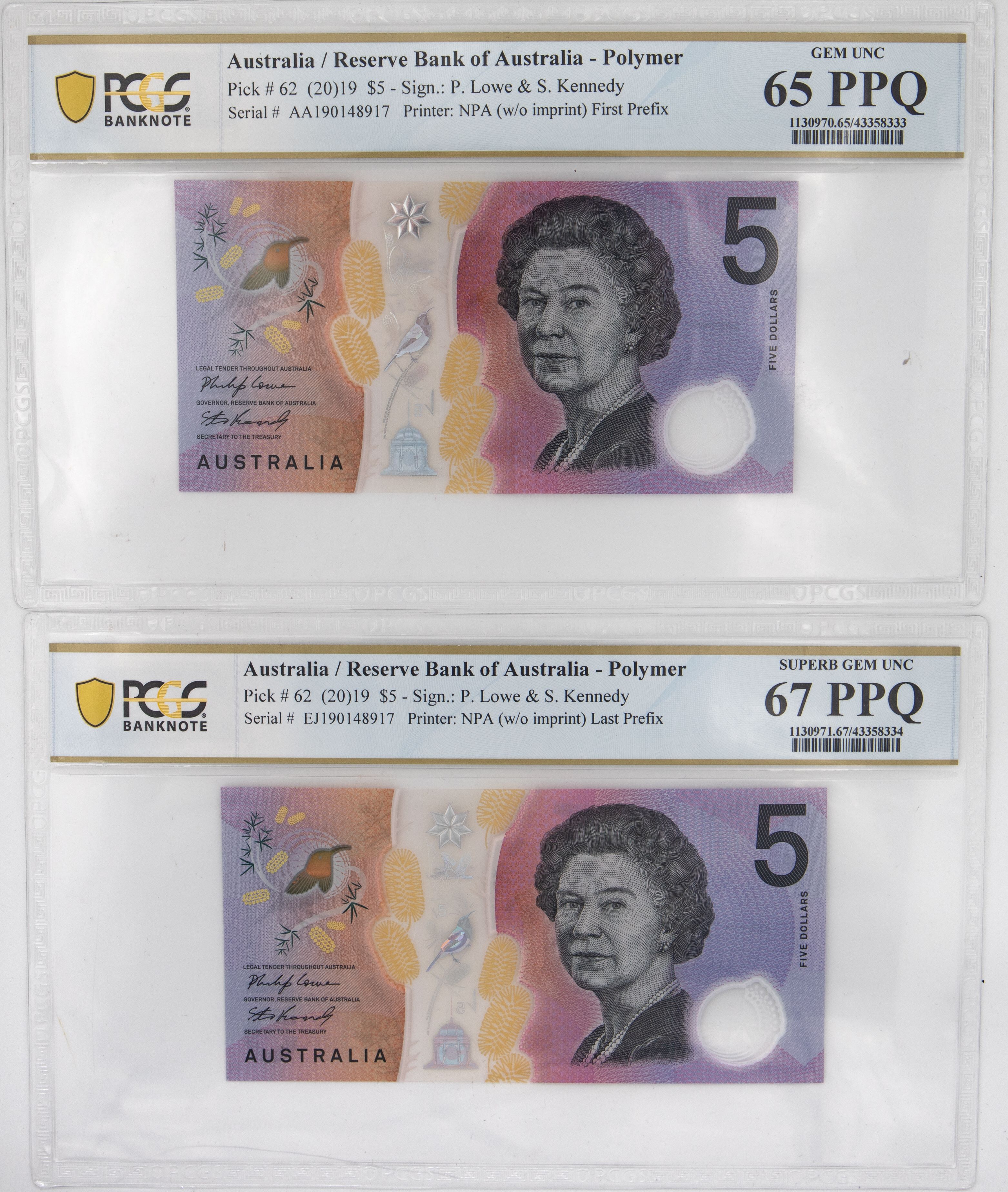 Lowe/Kennedy, Matching Pair First and Last Prefix, Five Dollar, 2019, PCGS Gem UNC 65 PPQ