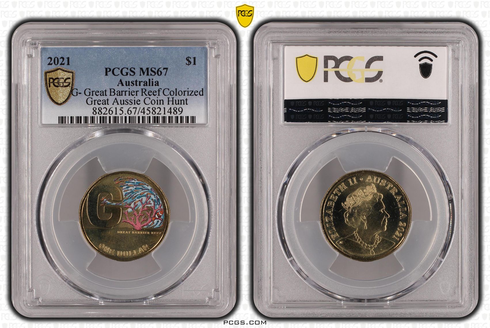 G- Great Barrier Reef Colorized Great Aussie Coin Hunt, One Dollar, 2021, PCGS MS67