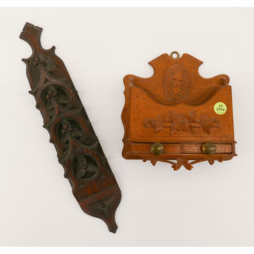 2pc Antique Carved Wood Hanging Letter Holders- 8'' and 15''