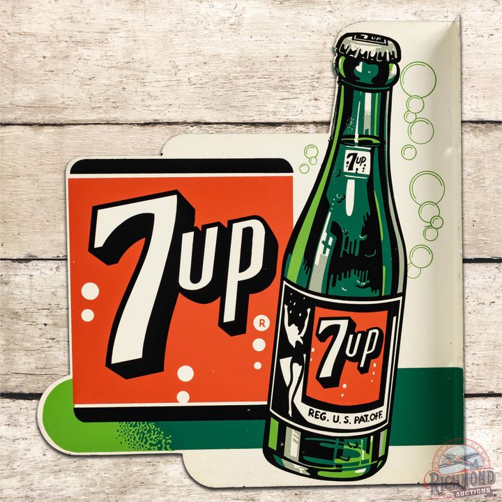 1954 7up DST Flange Sign w/ Swimmer Girl Bottle - 8.9 & 8.5