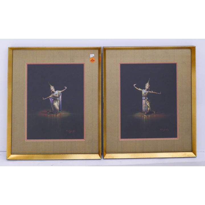 Pair Thai Dancer Gouache Paintings signed Chaiyong. Framed.