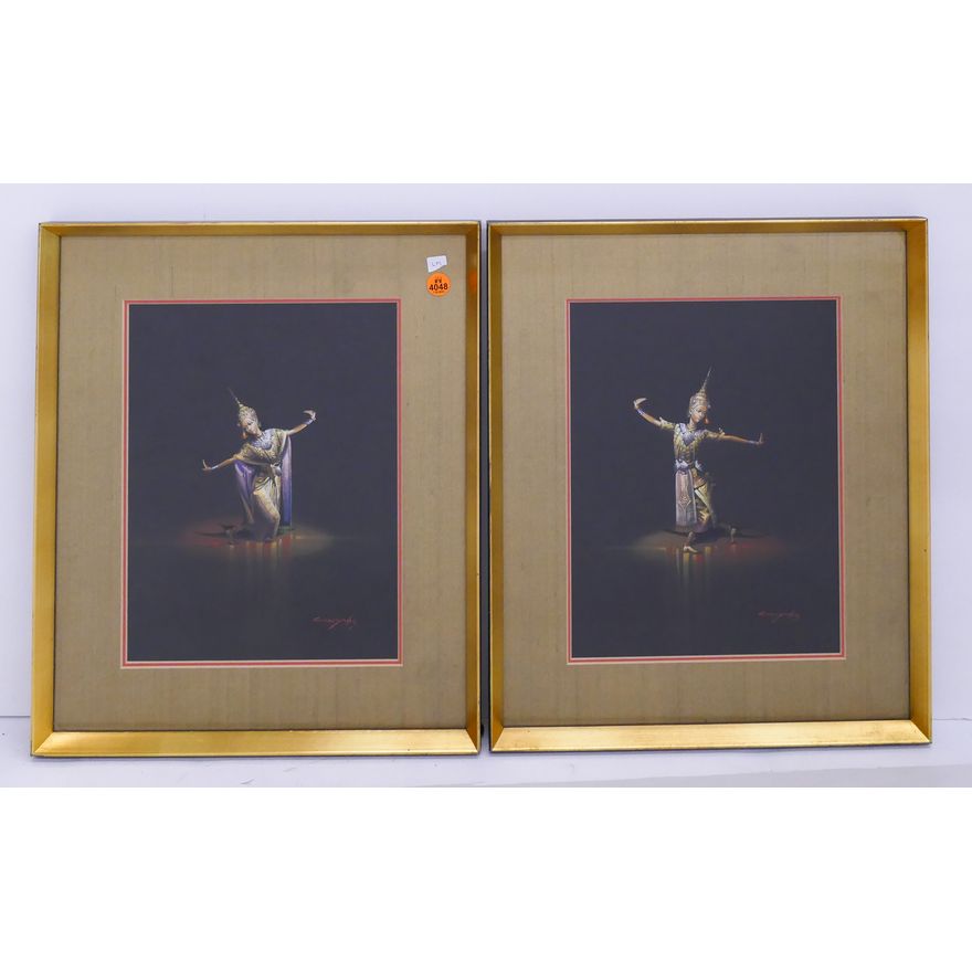 Pair Thai Dancer Gouache Paintings signed Chaiyong. Framed.
