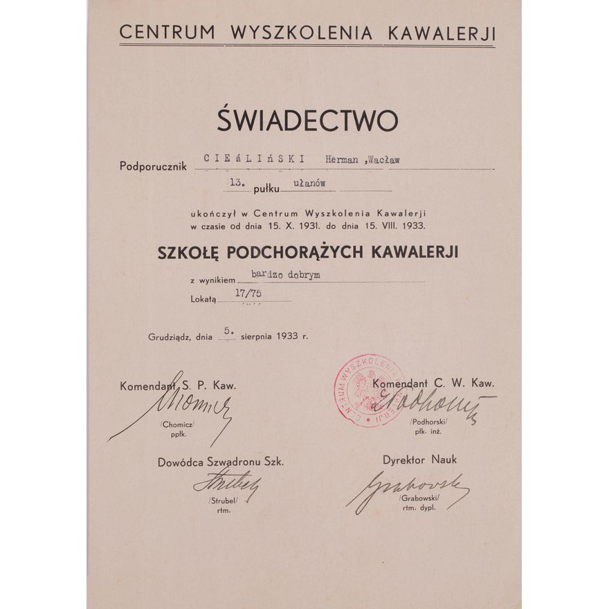 Świadectwa ukończenia Szkoły Podchorążych Kawalerii