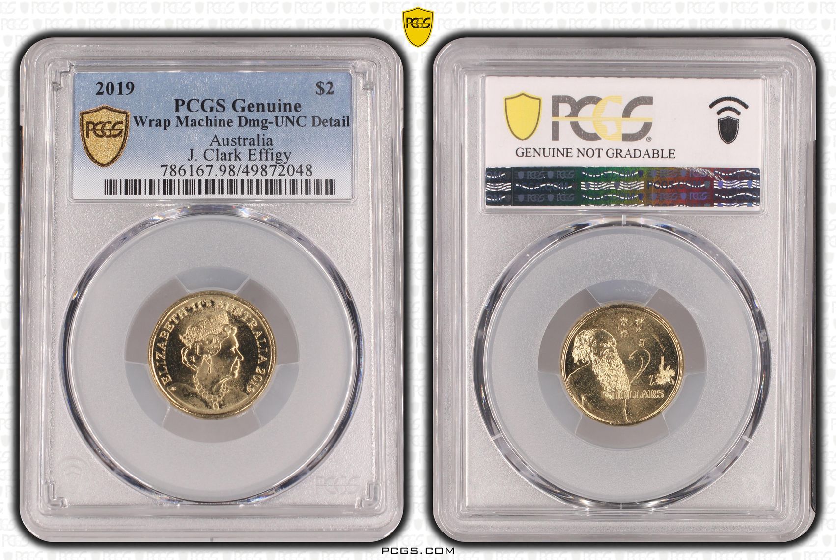 495 · Elizabeth II, J. Clark Effigy, Two Dollar, 2019, PCGS Genuine  - UNC Details (98 - Damage)