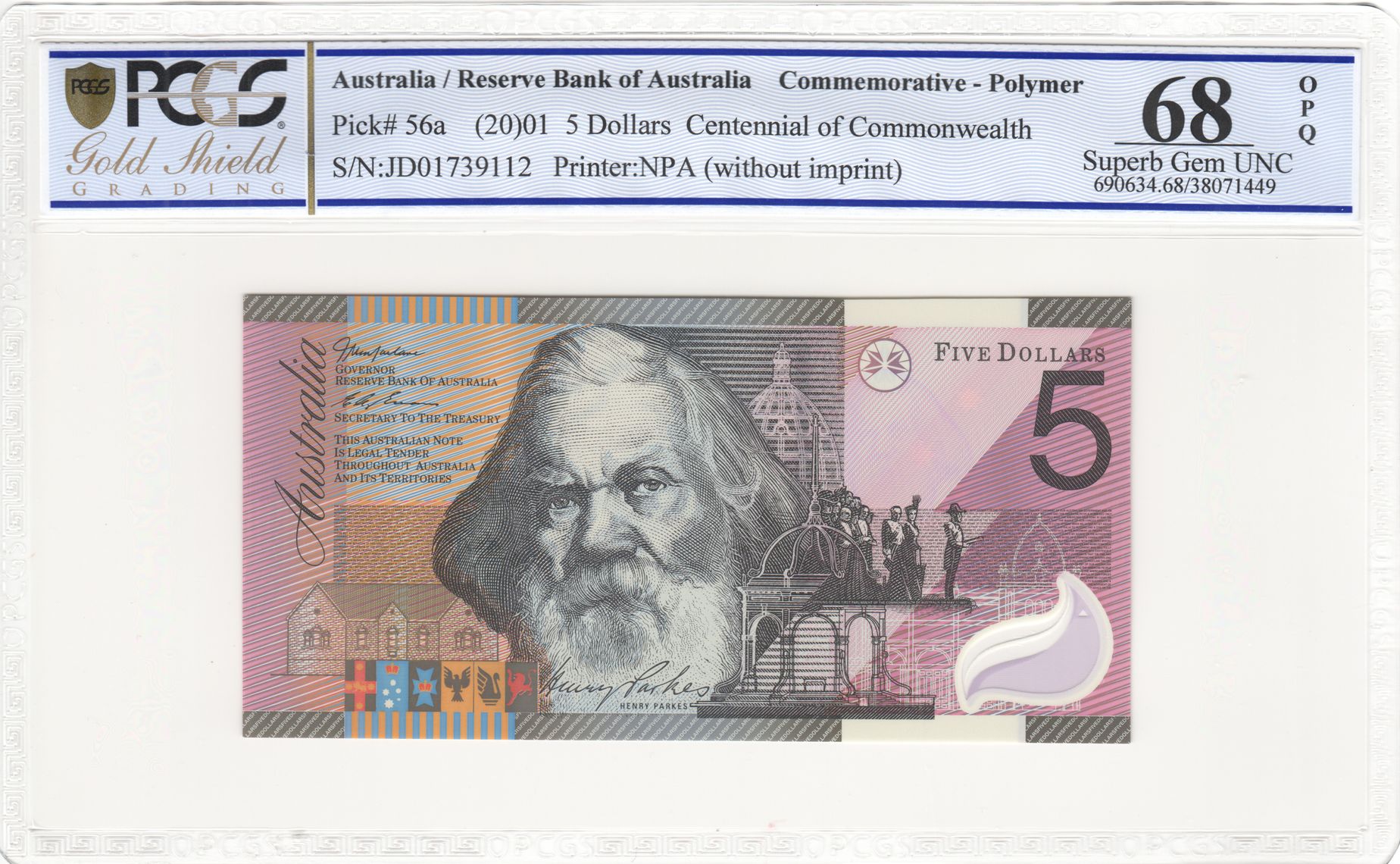Macfarlane/ Evans, Five Dollar, 2001, PCGS Superb Gem UNC 68 PPQ