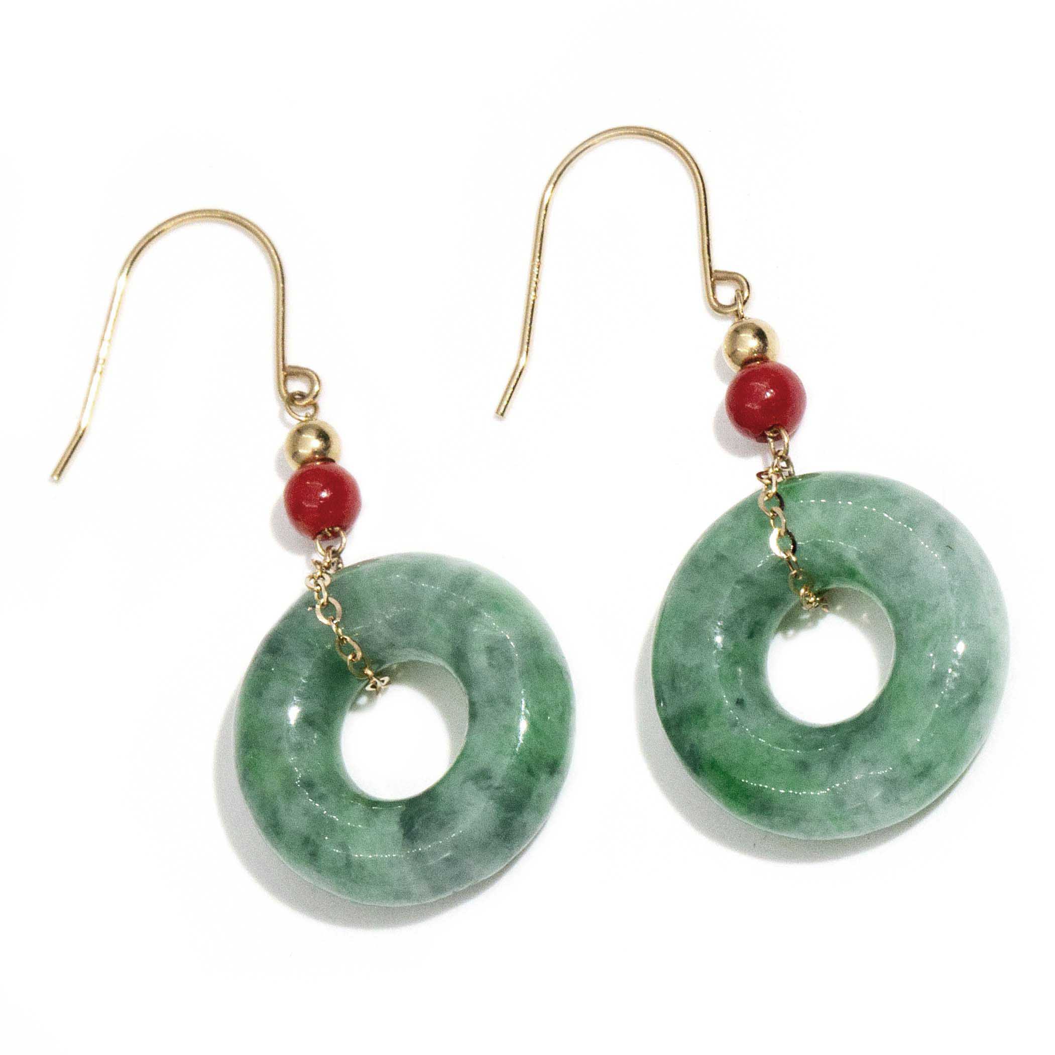 8 · 18 Carat Gold Jade & Coral Crop Earrings