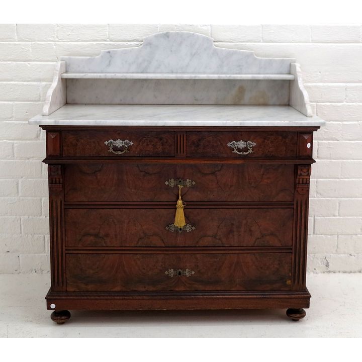 MARBLE-TOPPED WALNUT VENEERED CHEST OF DRAWERS