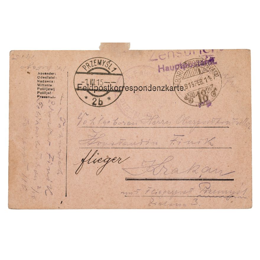Kartka poczty polowej wysłana samolotem do oblężonego Przemyśla dn. 28.02.1915