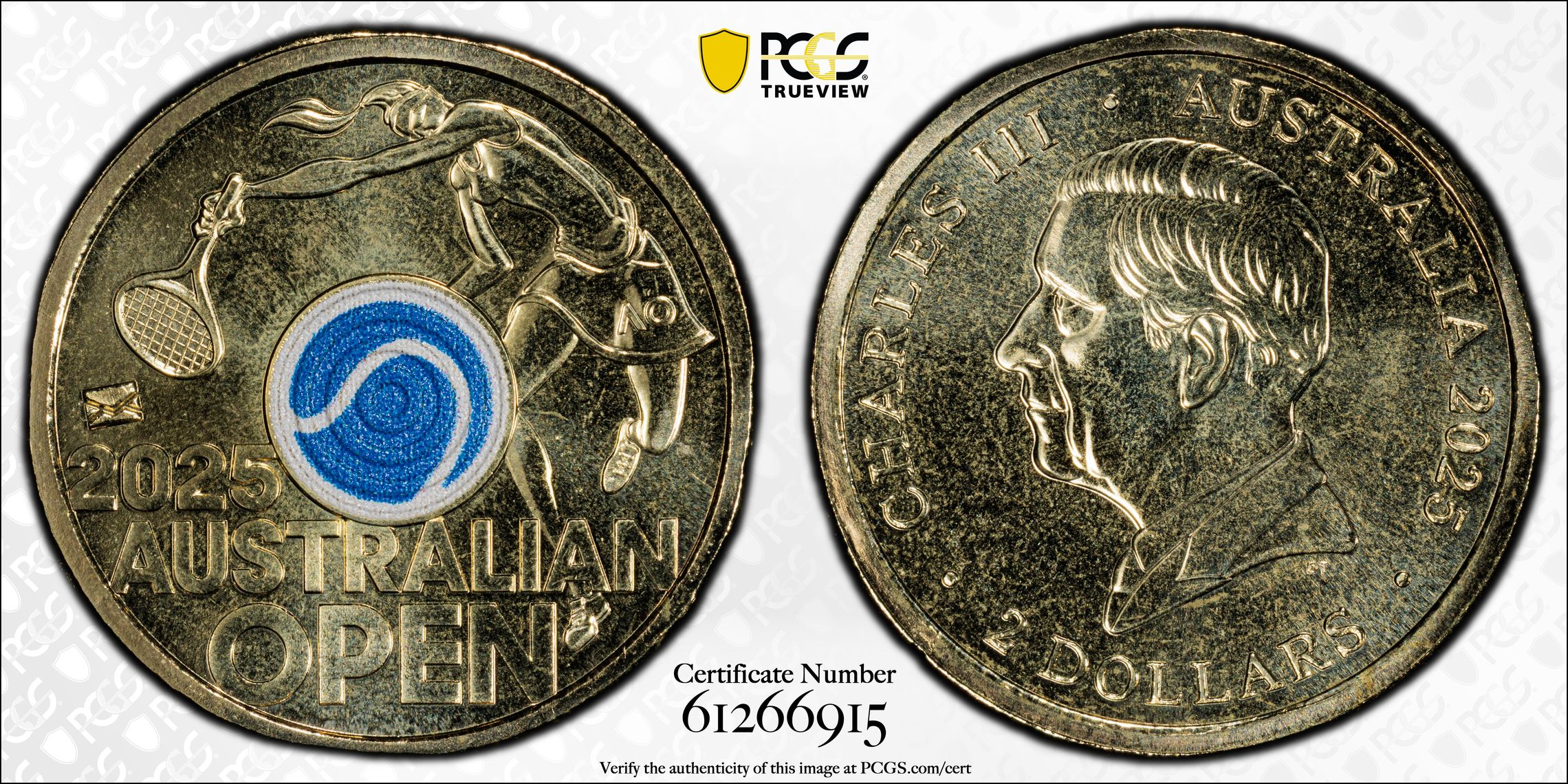 Women's Australian Open Blue Envelope Privy Colourised, Two Dollar, 2025, PCGS MS68