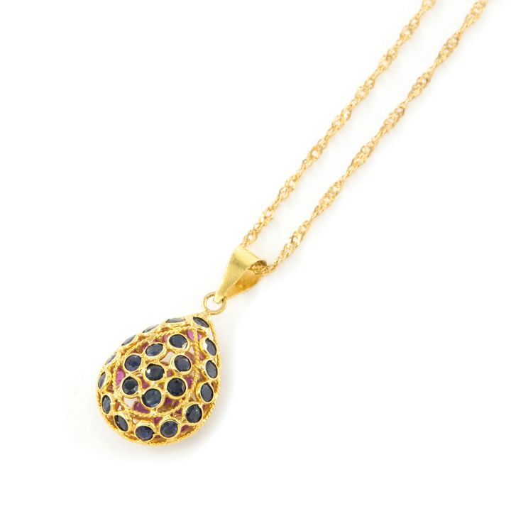 18ct Ruby & Sapphire Tear Drop Pendant & Chain 14ct Gold,