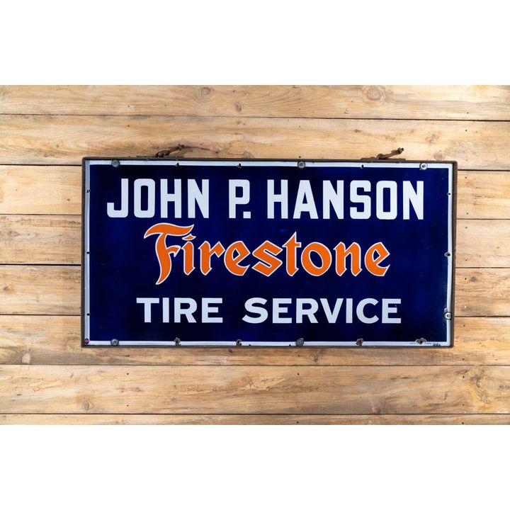 Firestone Tire Service "John P. Hanson" Single Sided Porcelain Sign & Frame TAC 9